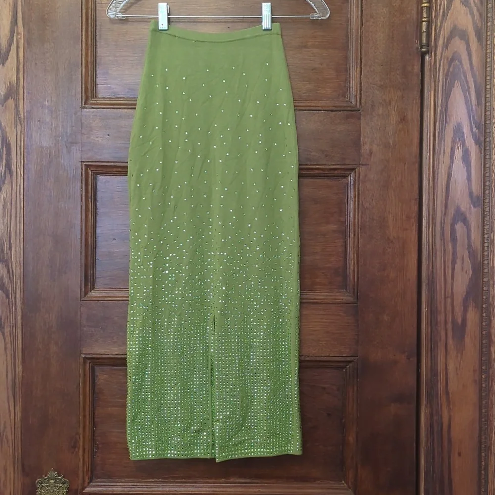 NWT Sandro Skirt - Green Metallic Sparkly Midi Skirt - Size Small (34) - Picture 2 of 6